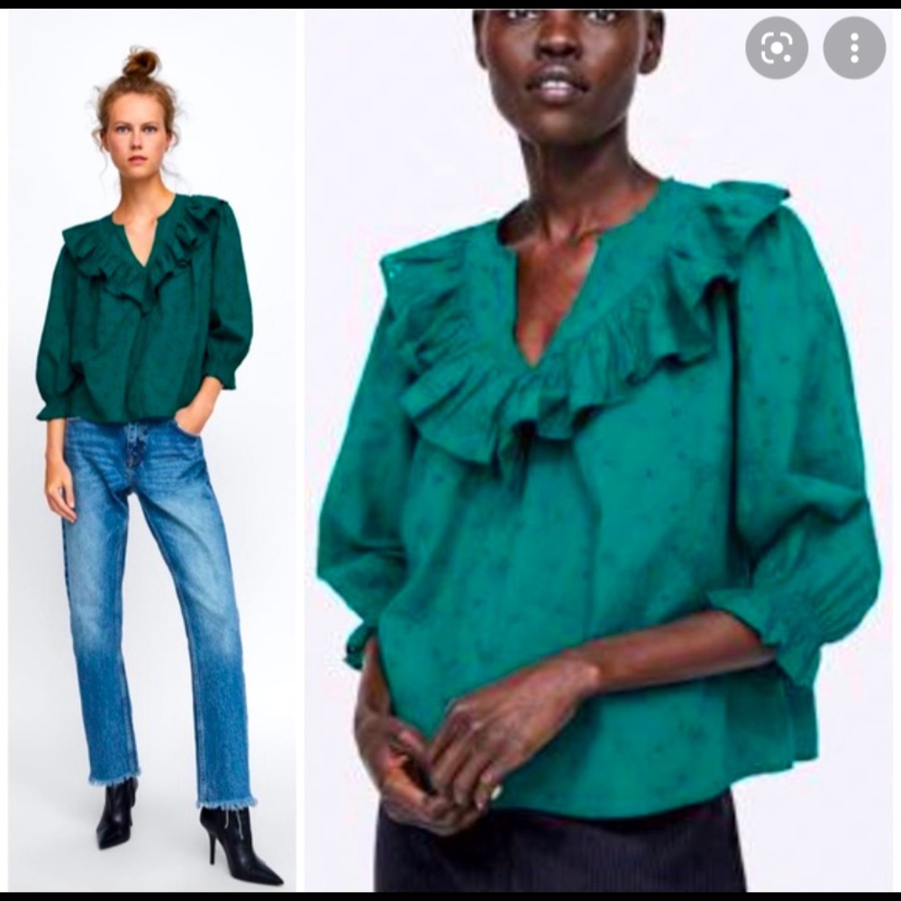 New! With tags Zara Green Eyelet Ruffle Split Neck Top S